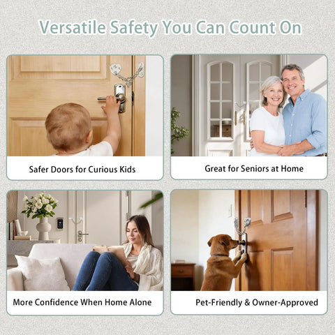 Heart Shaped Door Chain Lock With Press To Unlock Adjustable 3mm Chain Kid Proof Security installed on a door, showing various uses.