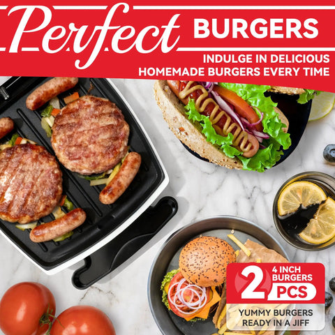 SugarWhisk 1200 Watt Electric Indoor Hamburger Grill Press With Nonstick Plates Panini Maker Easy Cleaning Compact Design White burgers cooking with grilled sausages on nonstick plates