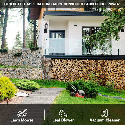 Dusk To Dawn Sensor Outdoor Wall Lantern with Built In GFCI Outlet on modern home exterior near lawn mower and garden.