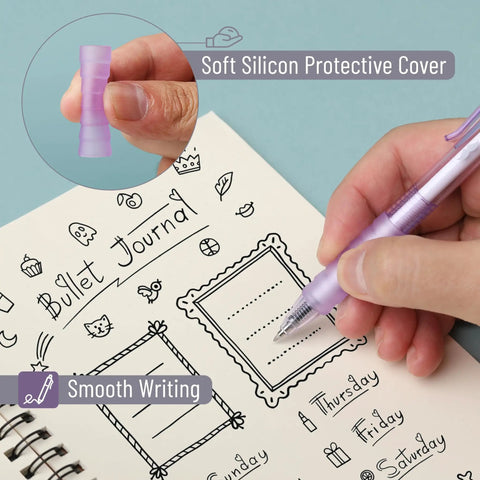 Hand using Pastel Purple Gel Pen Set 12 Pack With One Matching Highlighter Black Ink 0.5mm Fine Point Smooth Gel Pens For Journaling School And Office Aesthetic Girly Stationery on notebook, showing soft silicon cover and smooth writing.