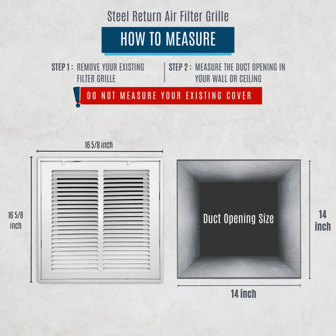 Return Air Grille For 14x14 Duct Opening With Filter Included And Removable Door Steel White Wall Vent Cover measurement guide