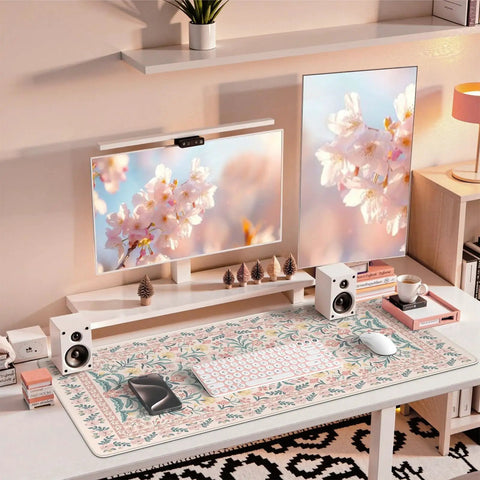 Pink Floral Desk Pad For Aesthetic Office Setup, XXL Large Mouse Pad with Non Slip Base and Stitched Edges on desk.