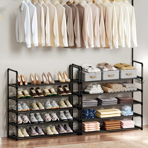 Heavy Gauge 10 Tier Metal Shoe Rack With Side Hooks That Truly Is A Total Game Changer For Holding Up To Forty Five Pairs Of Sneakers And Boots In Any Entryway Closet