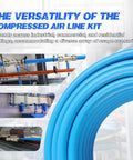 Leakproof Three Quarters Inch One Hundred Foot Pro Grade Air Line Kit With Dual Outlet Piping displayed in several setups