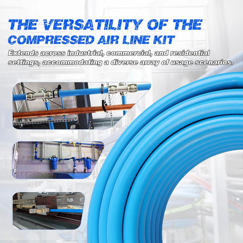 Leakproof Three Quarters Inch One Hundred Foot Pro Grade Air Line Kit With Dual Outlet Piping displayed in several setups