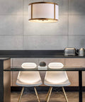 17 Inch Gold And White Metal LED Pendant Light With White Linen Drum Shade For Kitchen Island And Dining Room