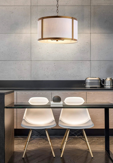 17 Inch Gold And White Metal LED Pendant Light With White Linen Drum Shade For Kitchen Island And Dining Room