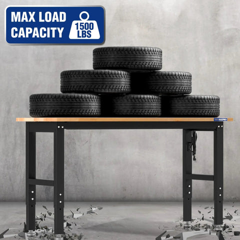 Adjustable Garage Workbench With Rubber Wood Top Heavy Duty Steel Frame Five Height Settings 1500 Lb Load Capacity with tires