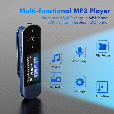 64GB USB MP3 Player With Bluetooth 5 3 Clip Jam for running sports showcasing features and interface icons.