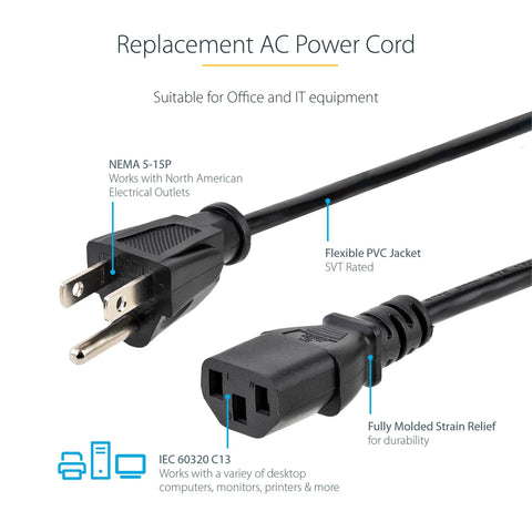 10 Ft Computer Power Cord NEMA 5-15P To C13 For Home Office Desktop Setup Printers PC Monitors 18 AWG 125V 10A Black