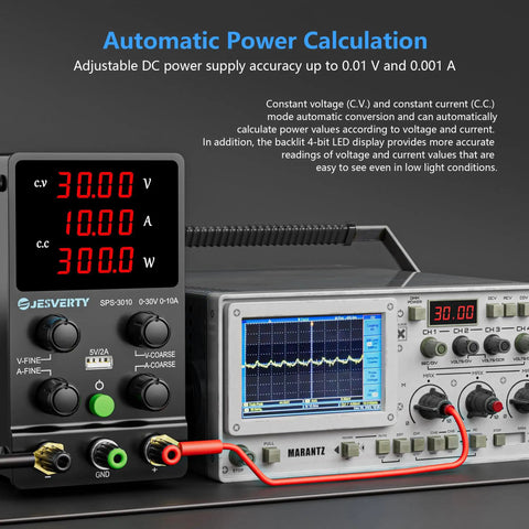 Variable DC Power Supply 0-30V 0-10A, Adjustable Bench Regulated Switching Power Supply With 4-Digit LED Readout and oscilloscope.