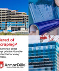 Heavy Duty Pro Grade Window Protection Film Roll 21 Inch By 600 Foot Self Adhesive Glass Covering For Painting And Construction UV Resistant 45 Day Temporary Masking Film in use on building windows, showing application and protection.
