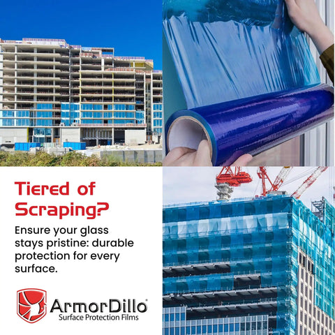 Heavy Duty Pro Grade Window Protection Film Roll 21 Inch By 600 Foot Self Adhesive Glass Covering For Painting And Construction UV Resistant 45 Day Temporary Masking Film in use on building windows, showing application and protection.