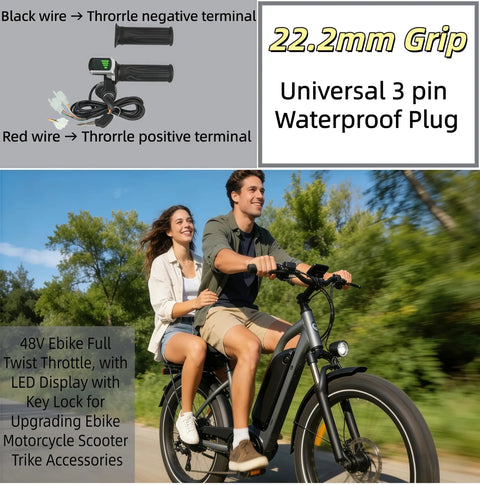Couple riding an ebike with 48V Half Twist Throttle With LED Display And Key Lock For Ebikes, Motorcycles And Scooters.