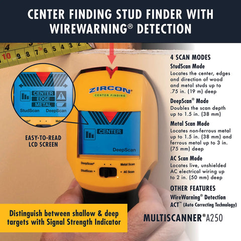 MultiScanner A250 Stud Finder Wall Scanner with LCD display, showcasing four scan modes for wood, metal, and live AC wire detection.