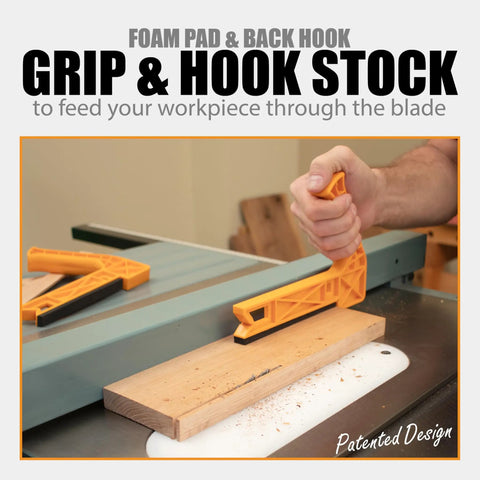 Person using 2 In 1 Safety-V Push Sticks For Table Saw, Band Saw, Jointer And Router Table Dual Mode V-Style And Notched Push Stick