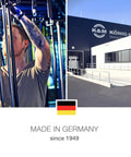 Made in Germany since 1949, worker assembling stand, exterior of K&M König building with logo, German flag at bottom.