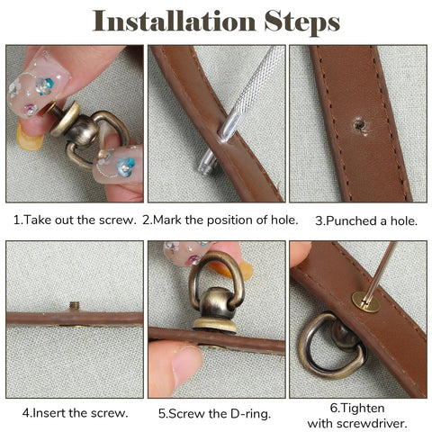 Installation steps for 4 Pack Antique Brass D Rings And Ball End Studs Repair Kit For Purses Bags Leather Straps Rotatable Hardware