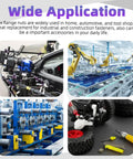Wide application of Heavy-Duty 150-Piece Assortment Kit Packed With M3 M4 M5 M6 M8 And M10 Black 304 Stainless Steel Serrated Flange Lock Nuts in automotive and industrial use.