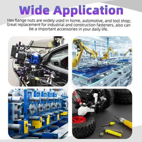 Wide application of Heavy-Duty 150-Piece Assortment Kit Packed With M3 M4 M5 M6 M8 And M10 Black 304 Stainless Steel Serrated Flange Lock Nuts in automotive and industrial use.