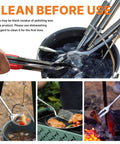 32 Piece Camping Cooking Utensil Set With Organizer Bag For Open Fire Pit And Grillin shows cleaning and cooking scenes outdoors.