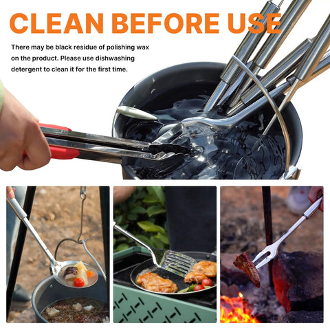 32 Piece Camping Cooking Utensil Set With Organizer Bag For Open Fire Pit And Grillin shows cleaning and cooking scenes outdoors.