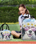 Border Collie Daisy Sunglass Backpack With Insulated Lunch Cooler Lightweight 15.6 Inch Laptop Daypack next to sitting girl