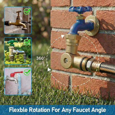 Brass Hose Swivel Connector With 0 to 180 Degree And Full 360 Degree Rotation, Easy Install Garden Hose Elbow For RVs Campers, No Kink Water Flow Booster For Standard 3/4 Inch Pipes mounted on brick wall