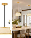 AyshwillDec 10" Modern Gold Linen Pendant Light Dining Room Bulb Included hanging over a kitchen island with a stylish design.