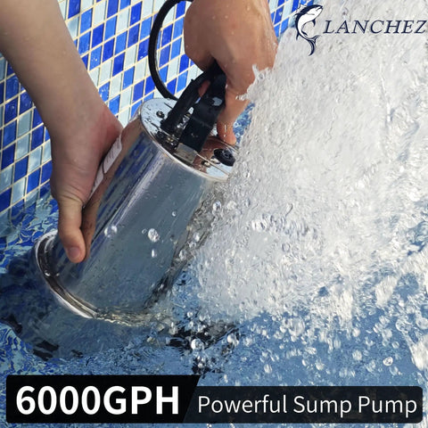 1.6HP Stainless Steel Sump Pump With Auto Float Switch, 6000GPH High Flow Submersible Water Pump in operation in pool