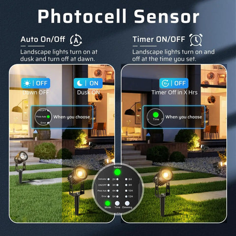 Photocell sensor feature of Plug And Play Low Voltage Landscape Lighting Kit With 8 X 3W LED Spotlights, 24V Smart Transformer