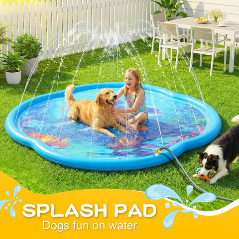 Girl and dog playing on Sea World 75 Inch Splash Pad Sprinkler For Kids And Dogs Thickened Outdoor Water Toy Play Mat in backyard.