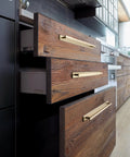 Champagne Bronze Cabinet Pulls With Escutcheon Backplate 2 Pack 12 And 5 Eighths Inch Center installed on wooden kitchen drawers