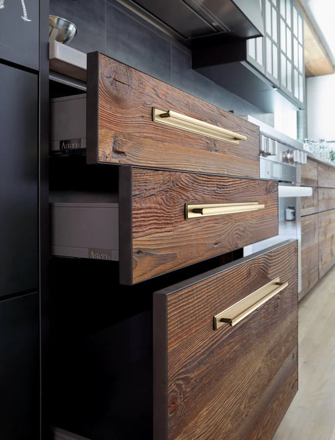 Champagne Bronze Cabinet Pulls With Escutcheon Backplate 2 Pack 12 And 5 Eighths Inch Center installed on wooden kitchen drawers
