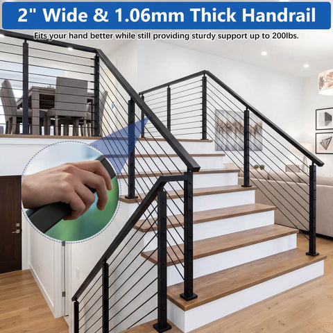Top Notch Grade 304 Stainless Steel Handrail Top Rail 8 Ft Cut To Fit Deck Railing With Slick Black Finish That Anchors Like A Rock For Outdoor Stairs Porches And Indoor Landings No Fuss Install, 2 inch wide handrail on stairs.
