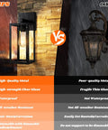 Built Tough 2 Pack Waterproof Outdoor Wall Lanterns, Rust Resistant Black Sconces With Shatterproof Clear Glass comparison with inferior model