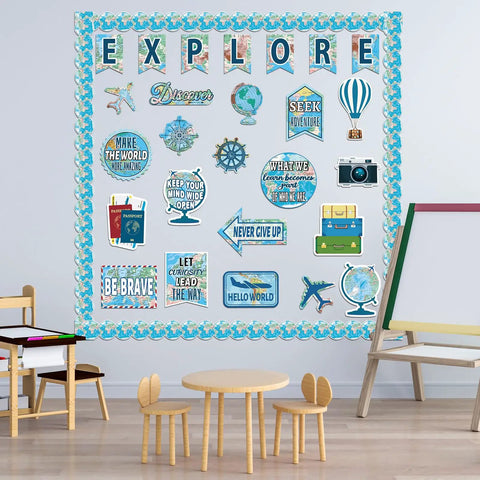Travel The Map Bulletin Board Set For Classroom Decor With World Map Borders Adventure Cutouts And Explore Motivational Banners