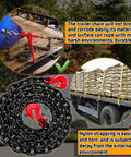 Beefy Three Eighths Inch By Ten Feet Log Chain With Hooks WLL 7100 Lbs Oiled Black Finish, shown in use towing and securing loads.