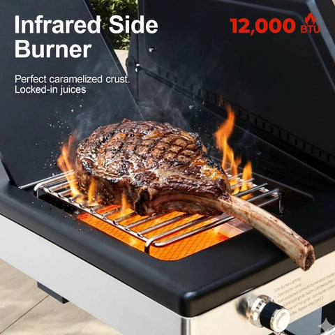 Close-up of a Six Burner Propane Gas Grill With Infrared Sear Side Burner, grilling steak with flames on diamond pattern grate.