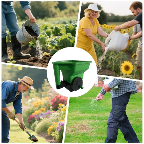 Hand Crank Garden Spreader For Lawn Care No Power Needed Seed And Fertilizer Applicator Portable Handheld Tool Built From Crack Resistant ABS And PP Easy To Use For Planting Seeding And Lawn Maintenance on lawn