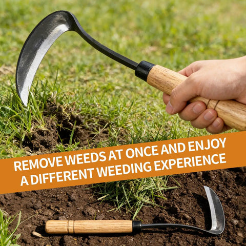Pro Grade Japanese Garden Hoe And Sickle For Quick Weeding And Cultivating Hand Crafted With A Sharp 4.29 Inch Blade And 9.84 Inch Total Length Durable And Easy To Use Your Go To Tool For Tight Tidy Garden Beds shown in use.
