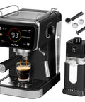 Real Deal Espresso And Americano Machine With Snappy Touchscreen Controls built with built-in frother, 52 oz tank and coffee being brewed.