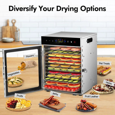 Top Shelf Heavy Duty Food Dehydrator With 12 Sleek Stainless Steel Trays, displaying dried fruits, jerky, vegetables, and herbs.