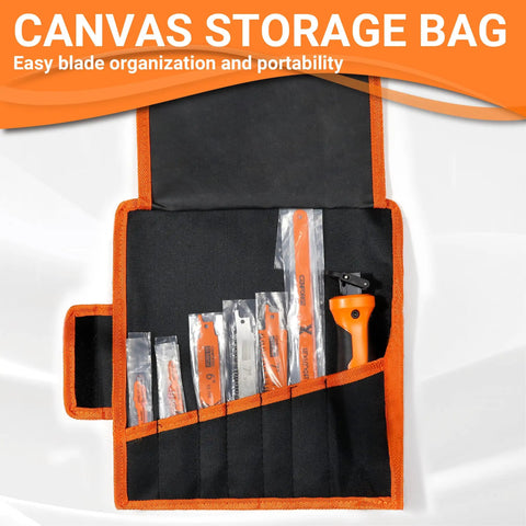 13 Piece Multi Purpose Hand Saw Set With Ergonomic Handle And 12 Assorted Blades in open canvas storage pouch