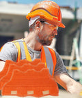 Worker wearing orange hard hat with focus keyword is Hard Hat Sweatband Replacement 3 Pack Washable Flame Retardant Cotton Liner.
