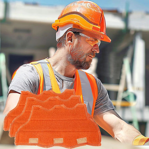 Worker wearing orange hard hat with focus keyword is Hard Hat Sweatband Replacement 3 Pack Washable Flame Retardant Cotton Liner.