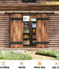 10 Foot Exterior Sliding Barn Door Hardware Kit Box Rail Track 450 Pound Capacity Black Weather Resistant Steel Wall Mount System For Outdoor Use Fits Double 30 Inch Doors installed on outdoor wooden structure