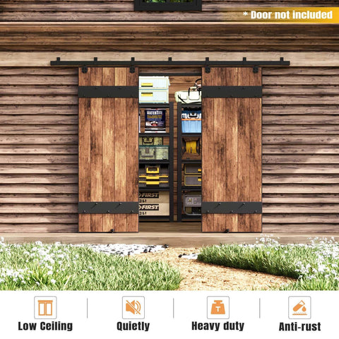 10 Foot Exterior Sliding Barn Door Hardware Kit Box Rail Track 450 Pound Capacity Black Weather Resistant Steel Wall Mount System For Outdoor Use Fits Double 30 Inch Doors installed on outdoor wooden structure