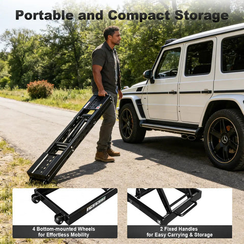 Man carrying 8,000-Lb Portable Car Lift With Heavy Duty Hydraulic Quick Jack, showing mobility and compact storage next to SUV.