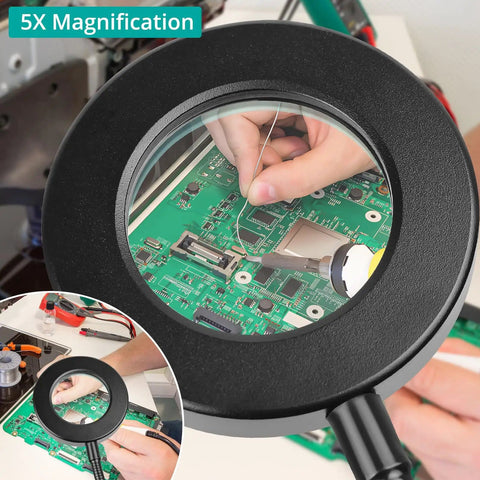 5X Magnifying Desk Clip Lamp With 10 Dimmable Brightness Levels And 3 Color Modes For Reading, Crafting, And Close Work Comes With 5V 2A Adapter Flexible Neck Clamp Mount Black Finish shown magnifying circuit board